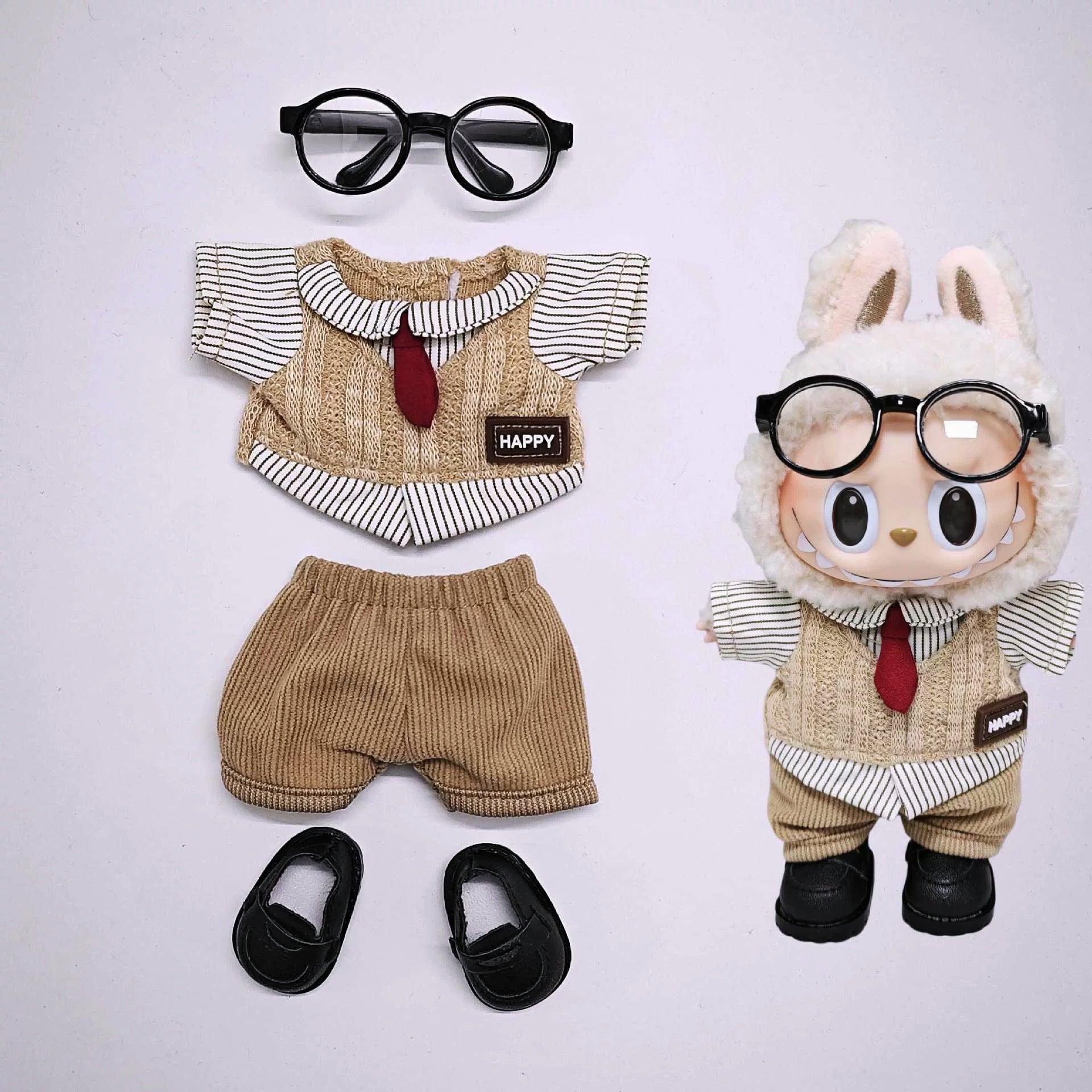 81. Plush Doll Replacing Clothes Retro-British Set - For Labubu Outfit - For Around 17cm Doll(No Dolls)