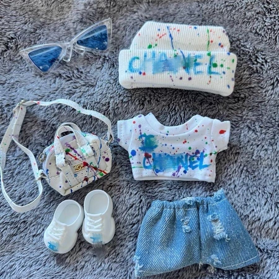 52. Plush Doll Replacing Clothes Graffiti-style Set - For Labubu Outfit - For Around 17cm Doll(No Dolls)