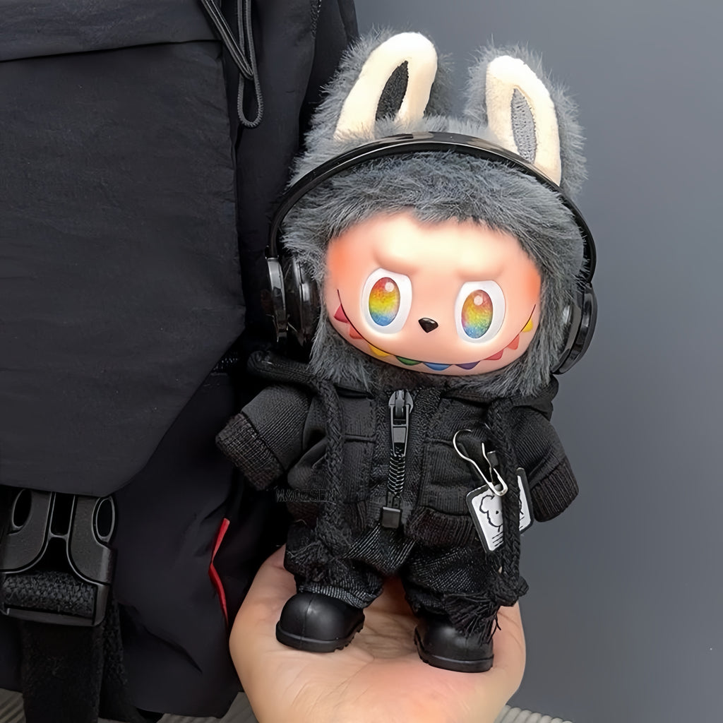 69. Plush Doll Replacing Clothes Black-hoodie Set - For Labubu Outfit - For Around 17cm Doll(No Dolls)