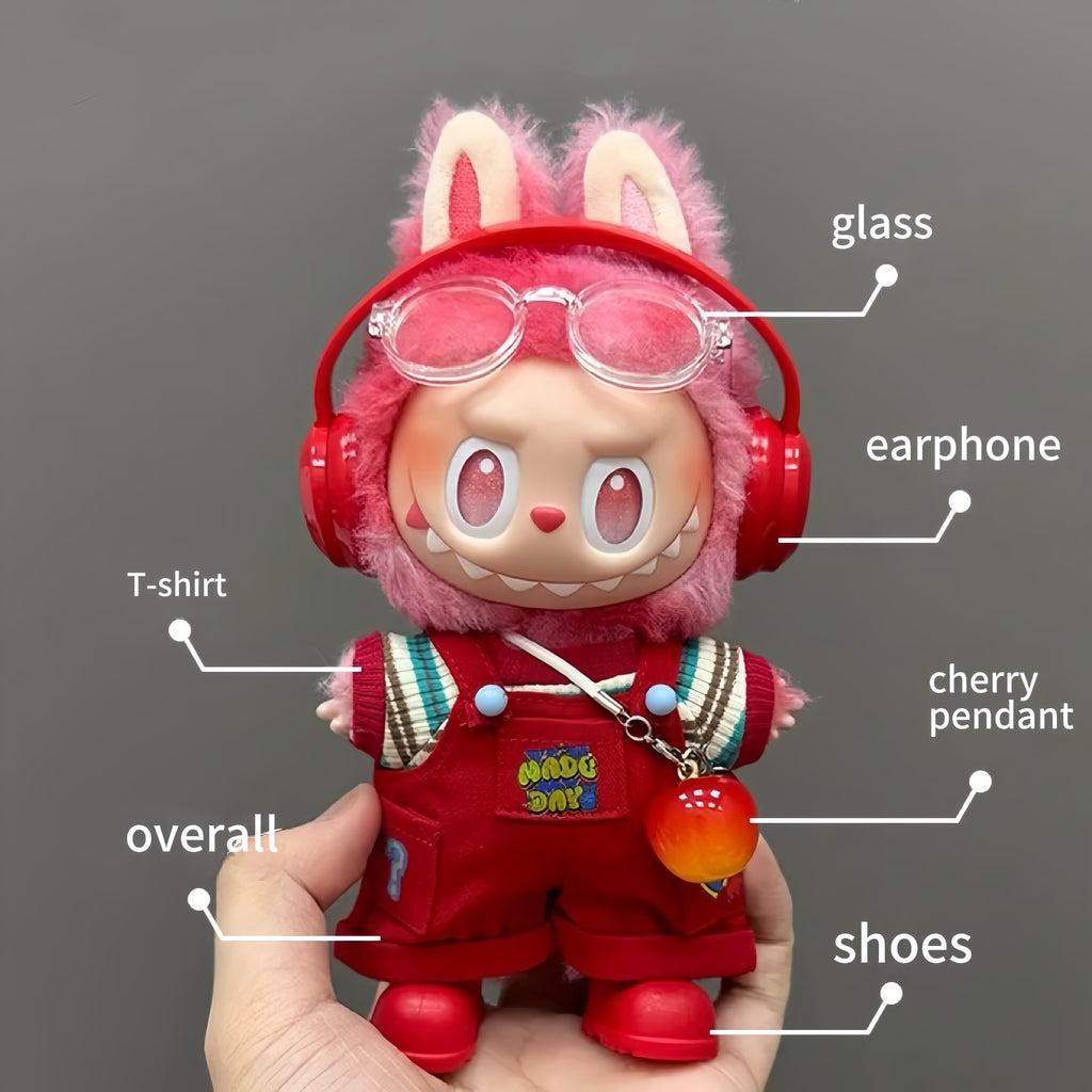 76. Plush Doll Replacing Clothes Red-overall Set - For Labubu Outfit - For Around 17cm Doll(No Dolls)