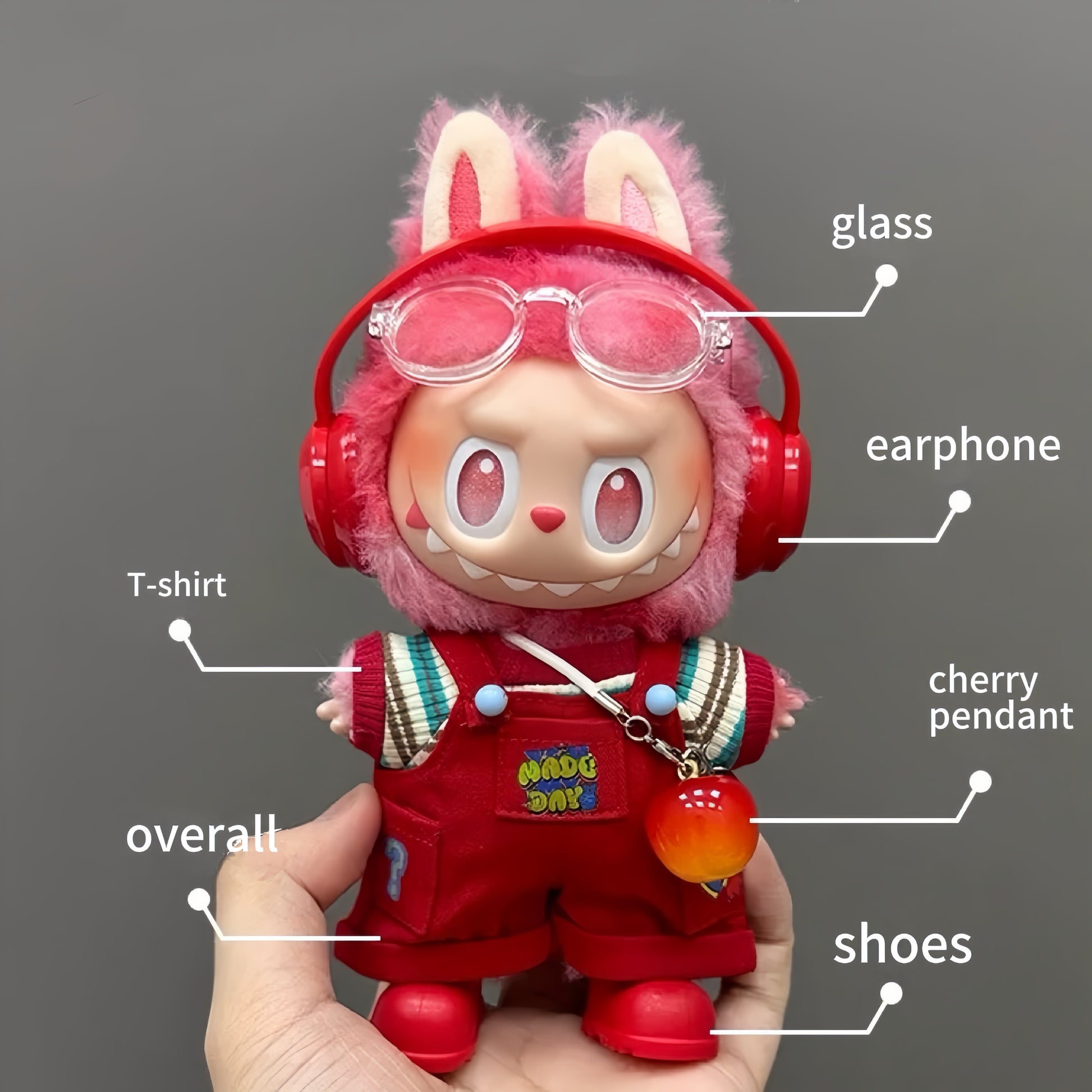 76. Plush Doll Replacing Clothes Red-overall Set - For Labubu Outfit - For Around 17cm Doll(No Dolls)